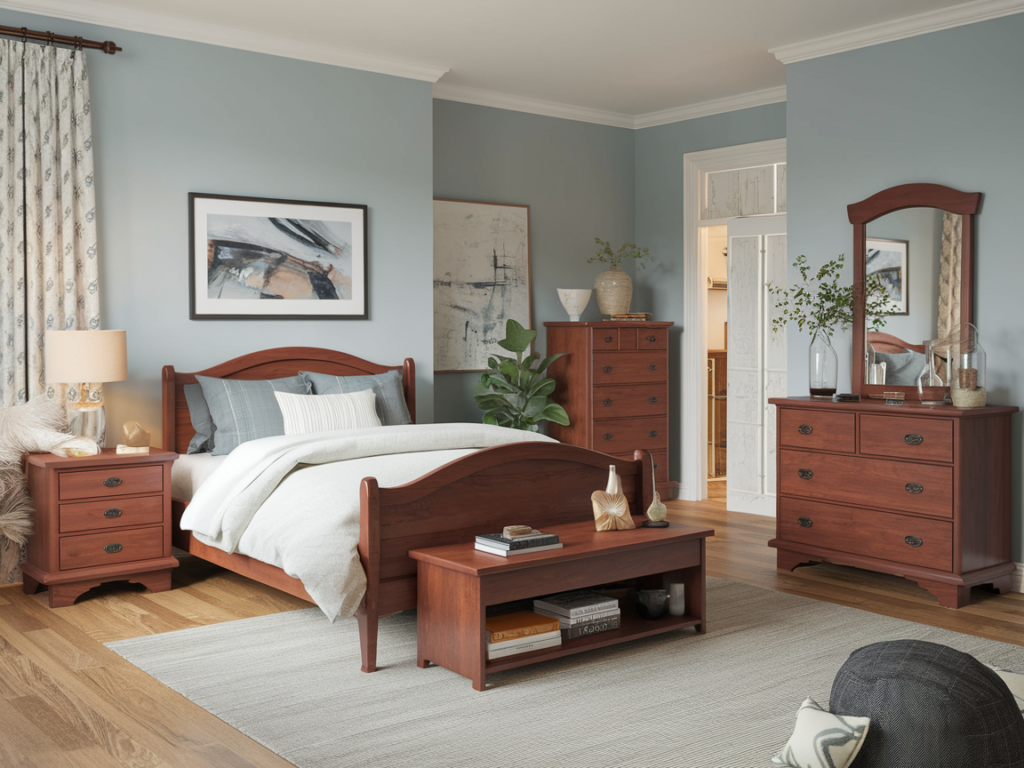 Cozy & Aesthetic Cherry Wood Bedroom with Light Blue Walls