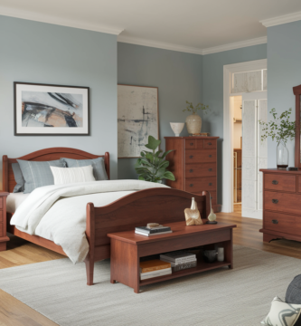 Cozy & Aesthetic Cherry Wood Bedroom with Light Blue Walls