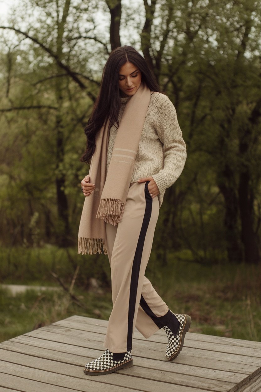 A model wearing a cozy sweater, sporty trousers, and checkered boots, standing in a green outdoor setting.