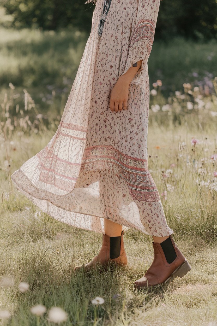 A woman wearing a floral bohemian maxi dress with brown ankle boots standing in a field.