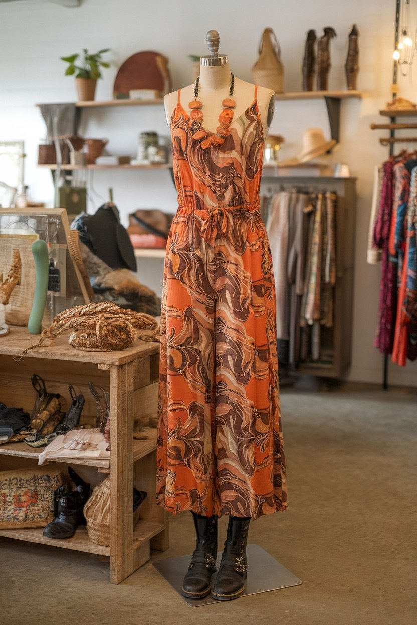 A mannequin displaying a vibrant orange and brown patterned boho jumpsuit paired with black moto boots and colorful statement accessories.