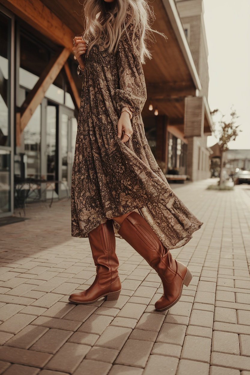 Woman wearing a long patterned dress and brown leather moto boots, walking on a brick pavement.