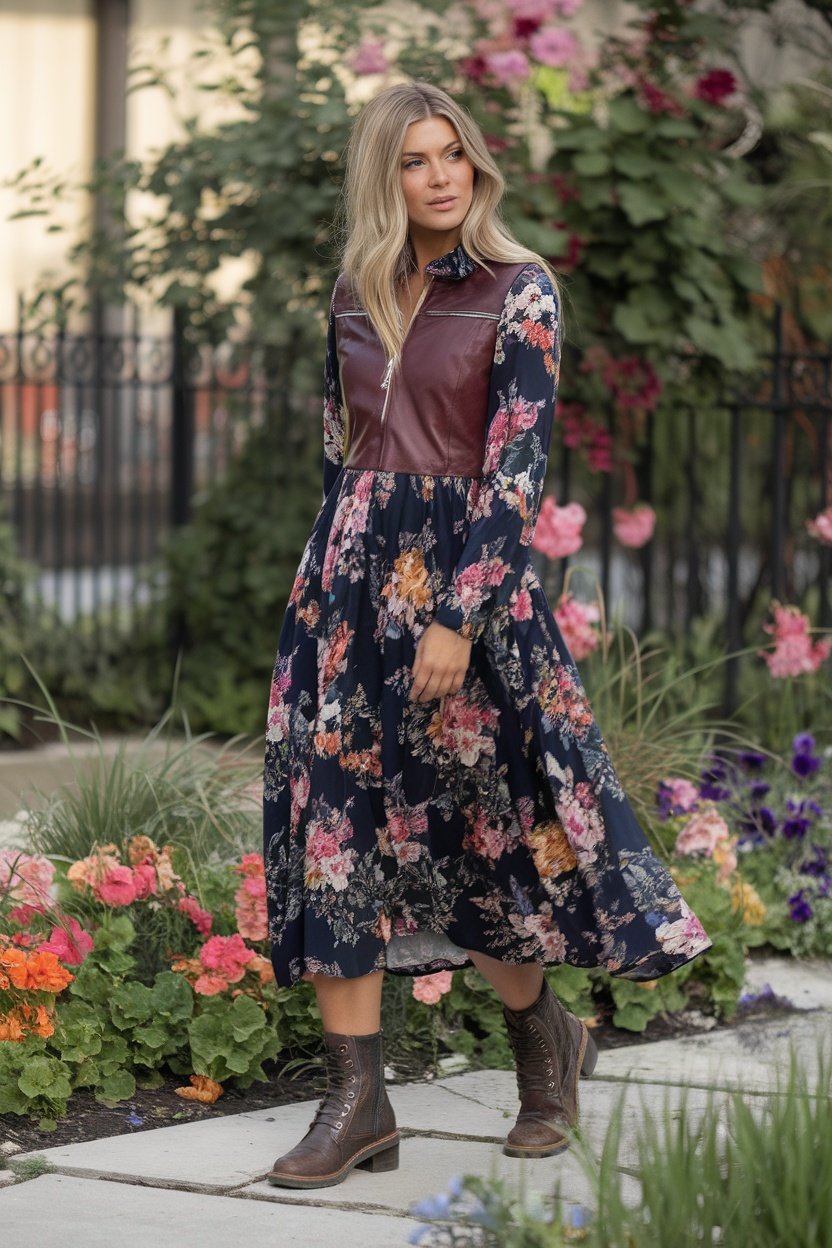 A model wearing a floral dress with leather details, paired with knee-high moto boots, walking in a garden filled with colorful flowers.