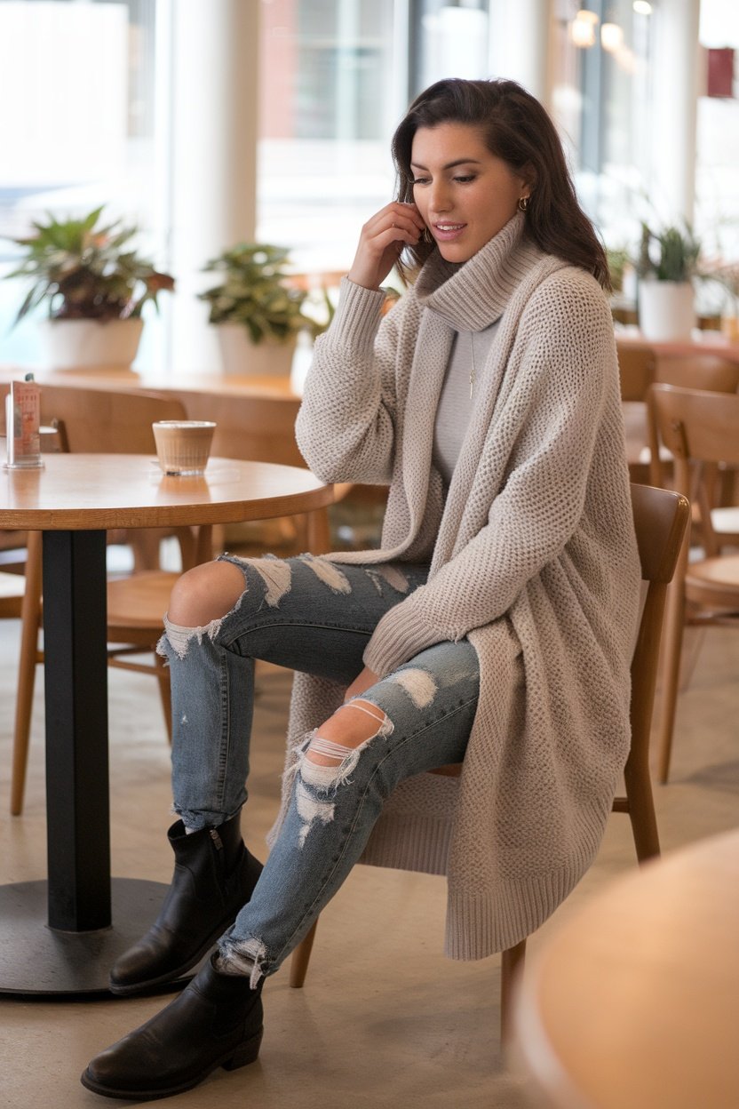 A woman wearing a layered cardigan with distressed jeans and black moto boots, sitting at a cafe.