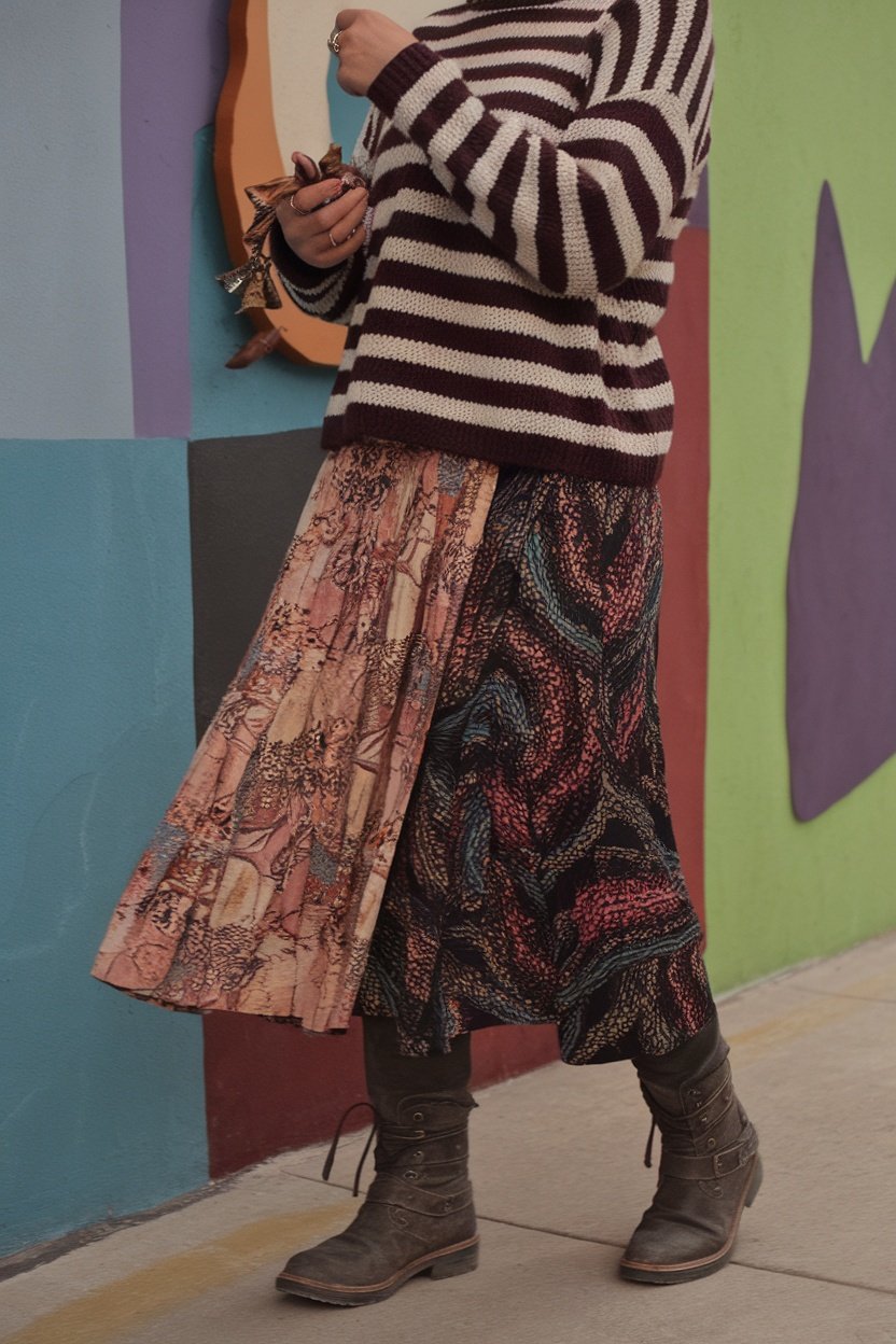 A person wearing a striped sweater and a patterned skirt, paired with moto boots, standing against a colorful wall.