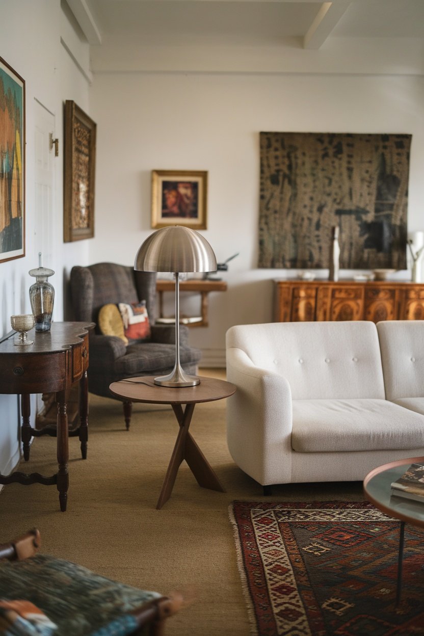 A cozy room featuring a mix of vintage and modern furniture, including a white sofa, a vintage armchair, and a contemporary lamp.