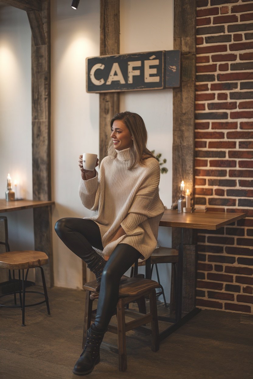 A woman sitting in a café wearing an oversized sweater and leggings, holding a cup of coffee, with a cozy atmosphere.