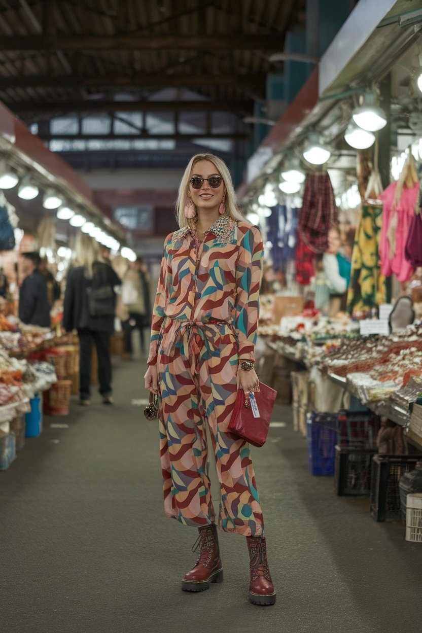 A woman wearing a colorful patterned outfit with moto boots, sunglasses, and a red handbag, standing in a market