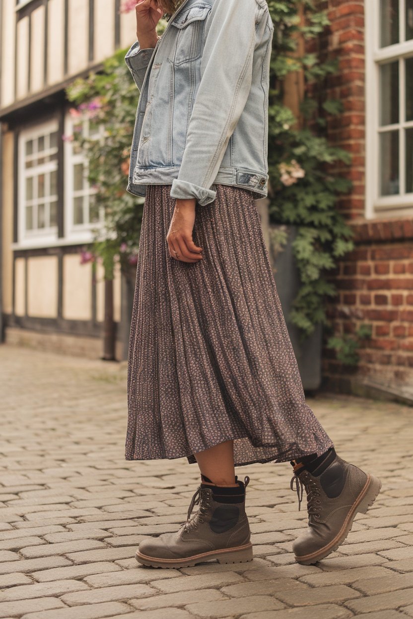 A person wearing a vintage denim jacket with a printed skirt and moto boots, standing on a cobblestone street.