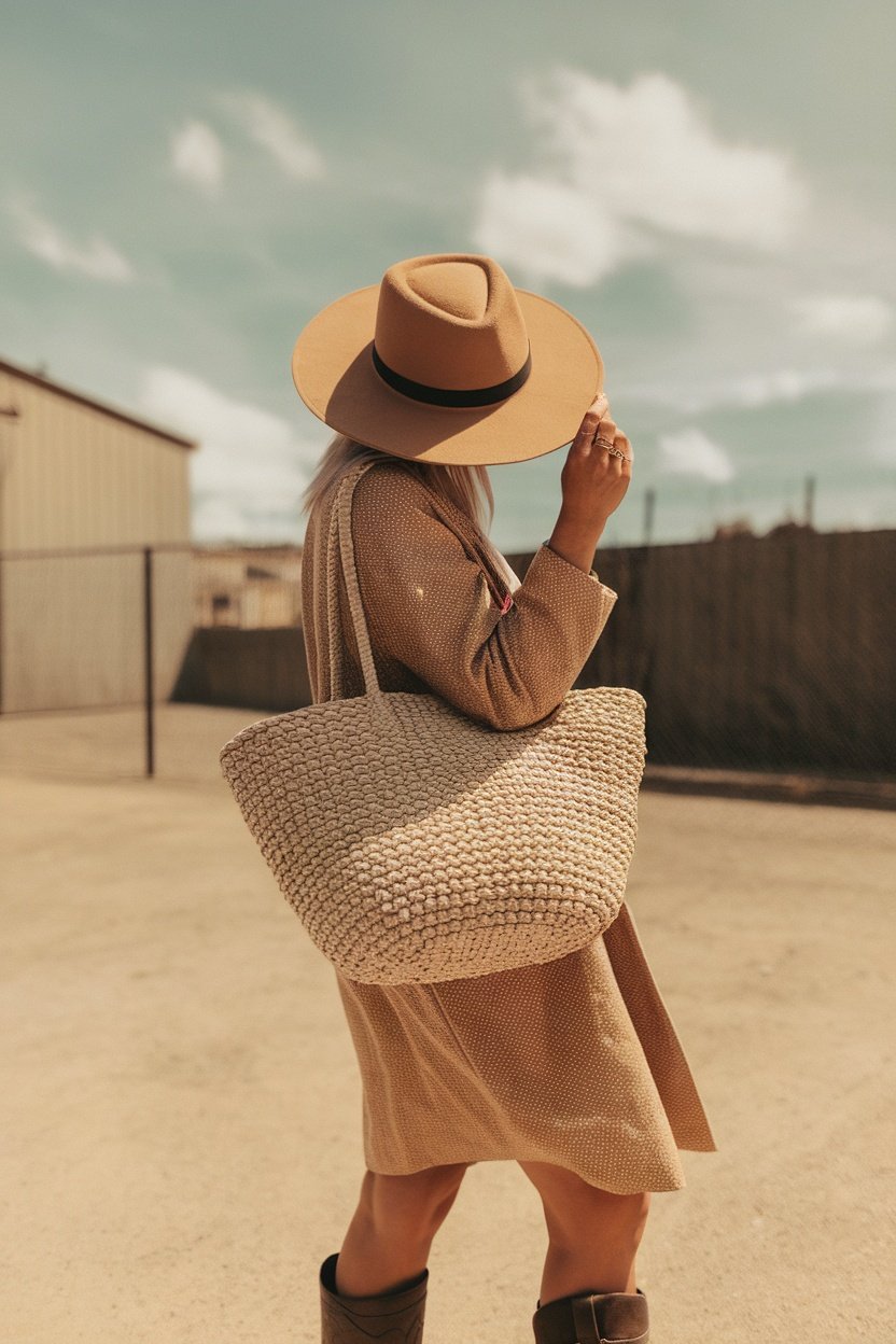 Model wearing a sun hat and carrying a woven bag, styled with moto boots