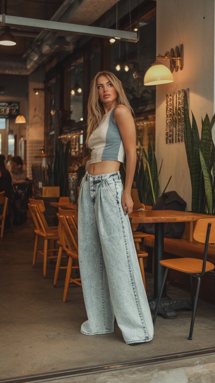 A woman wearing acid wash baggy jeans and a crop top in a stylish café setting