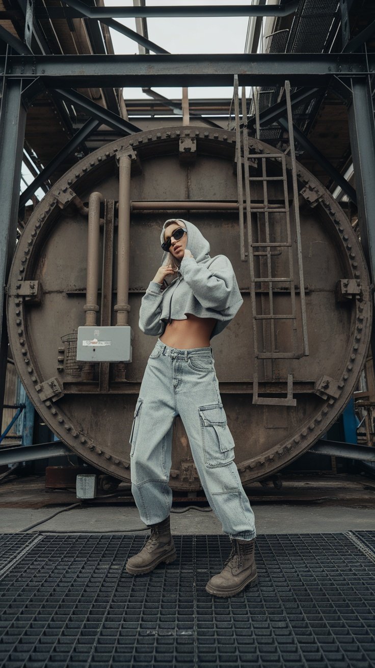 A model wearing baggy cargo jeans and a cropped hoodie, posing in front of industrial machinery.