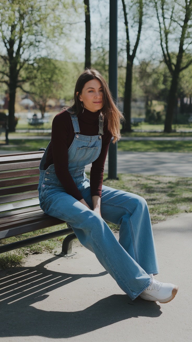 A woman wearing baggy jean overalls sitting on a bench in a park.