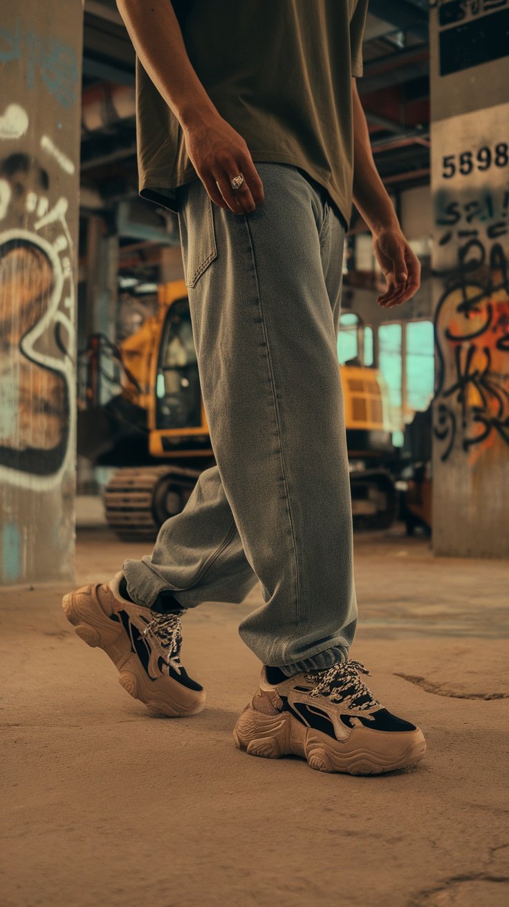 A person wearing light blue baggy jeans and chunky sneakers, walking in an urban setting.