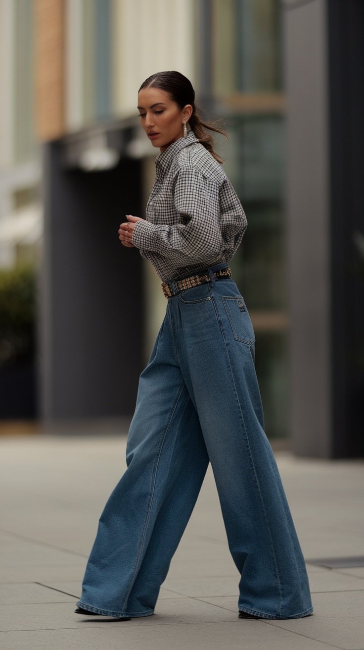 A woman walking in baggy jeans and a patterned shirt, showcasing a statement belt.