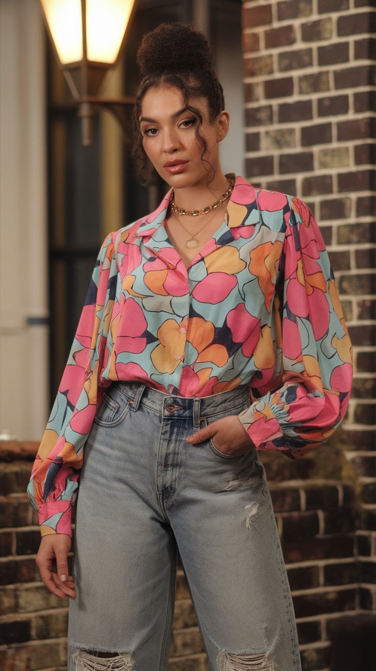A model wearing colorful floral shirt and distressed baggy jeans