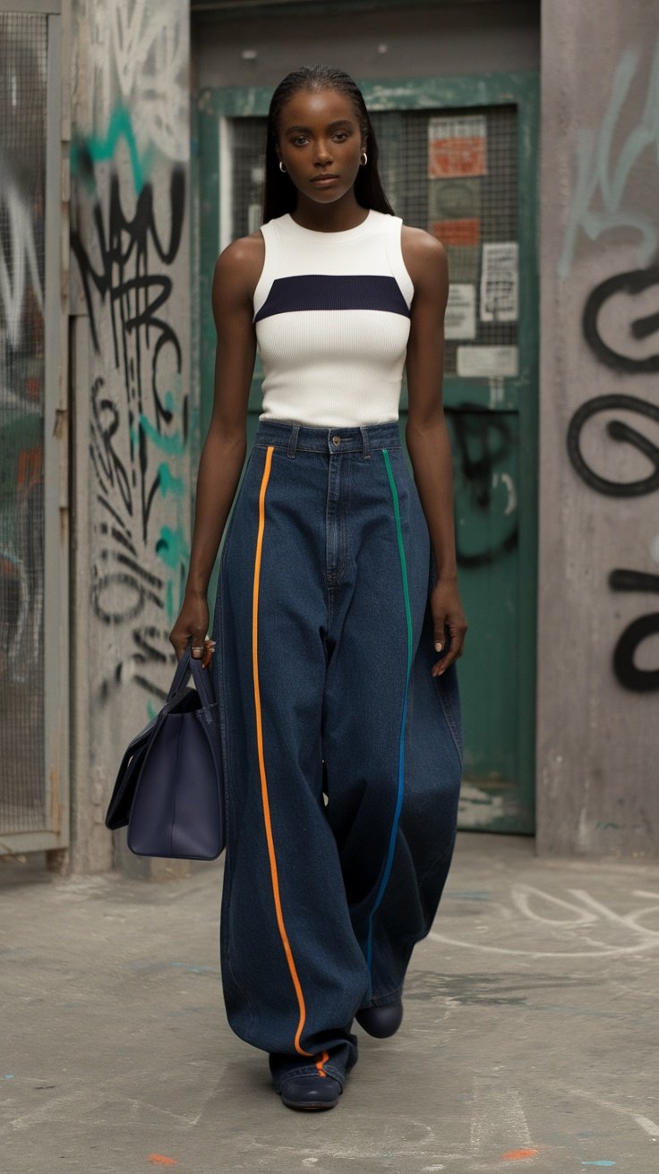 A model wearing baggy jeans with colorful stitching, paired with a fitted top, against a graffiti background.