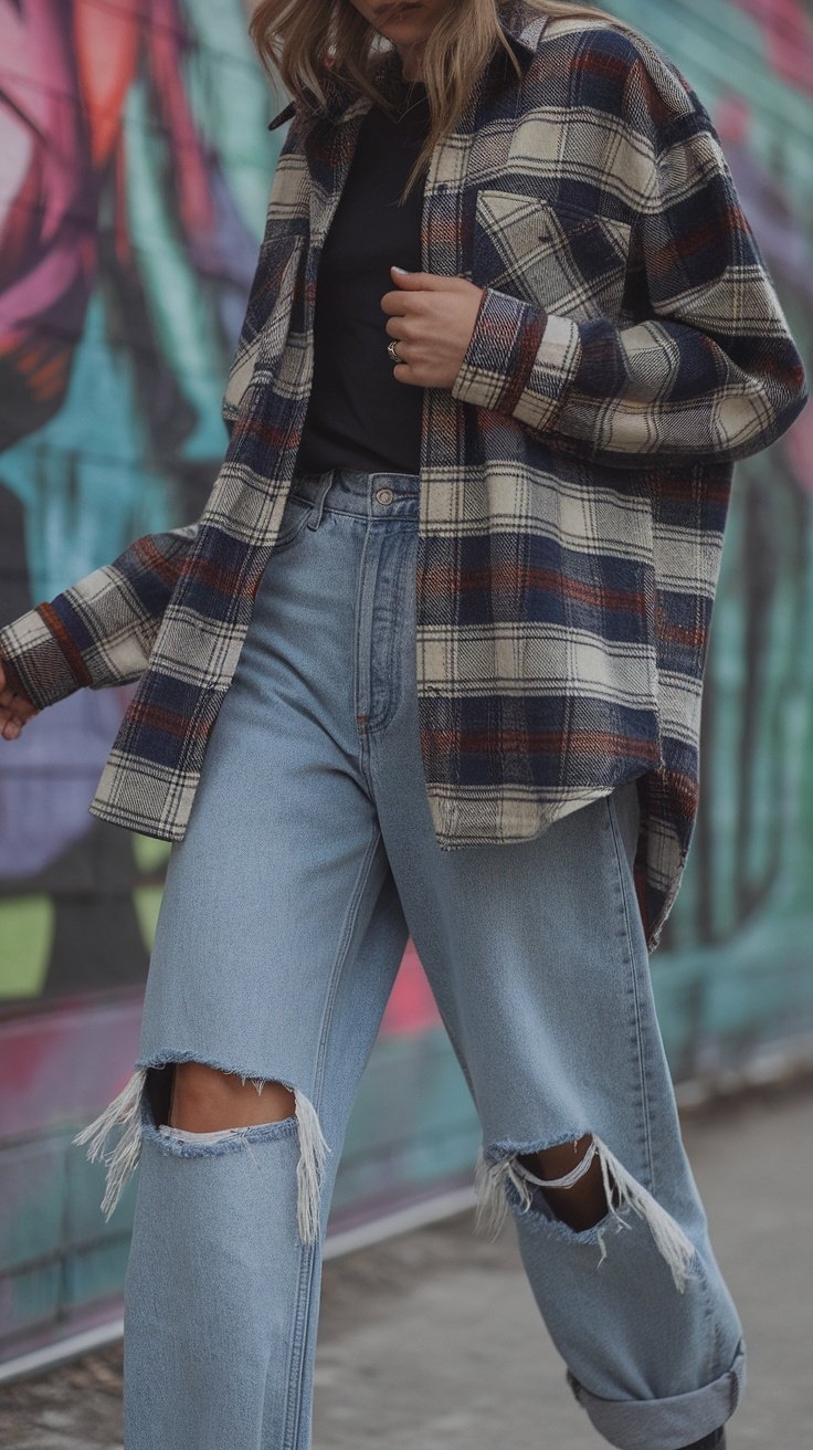 A person wearing baggy jeans with ripped knees walking in front of a colorful mural that says 'Keep Calm and Hug Bears'.