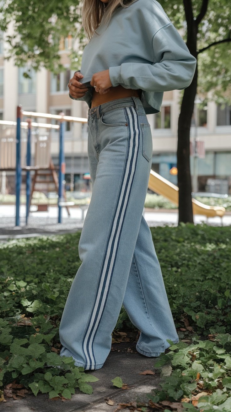 A woman wearing light blue baggy jeans with side stripes, paired with a cropped sweater, standing in a park setting.