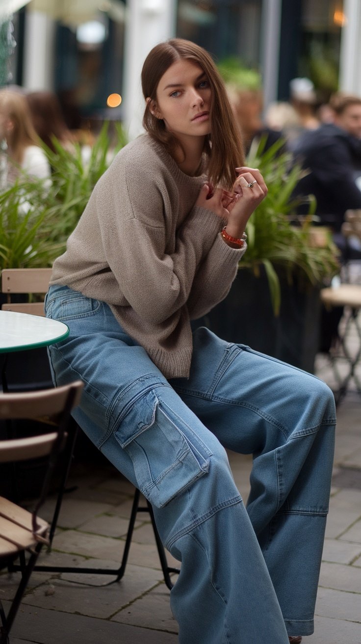 A person sitting at a café wearing baggy blue jeans with unique pockets and a beige sweater.