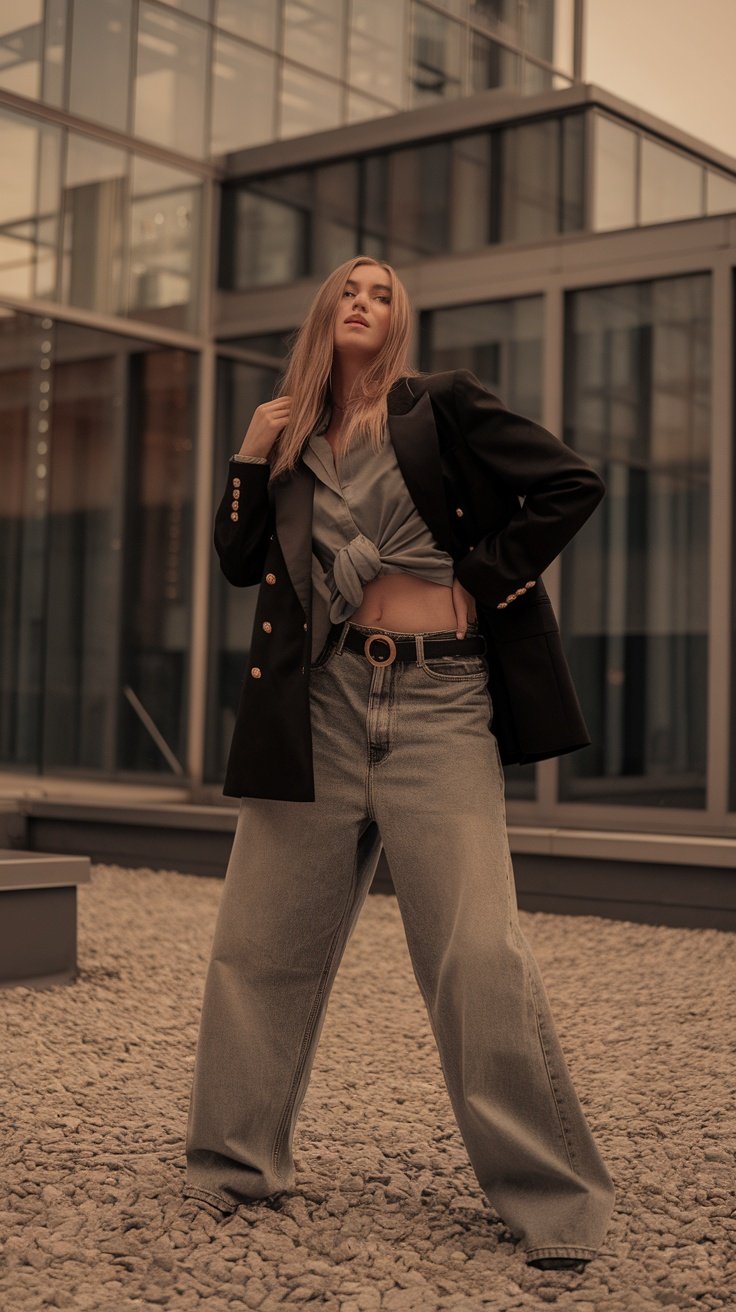 A woman wearing belted baggy jeans with a blazer, standing outdoors.