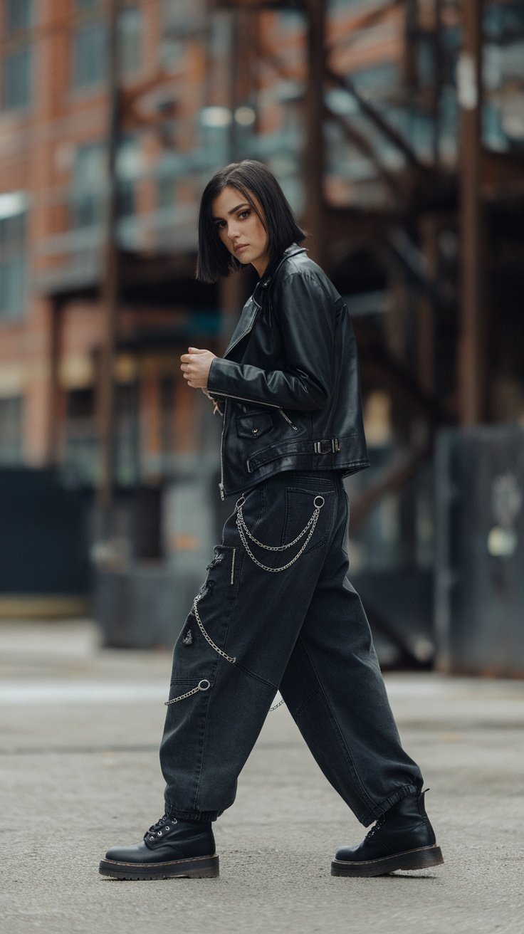 Model wearing black baggy jeans with chain details and a leather jacket