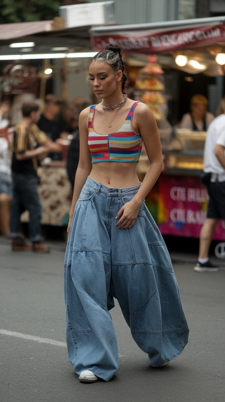 A woman wearing colorful crop top and baggy jeans walking on the street, with food stalls in the background.