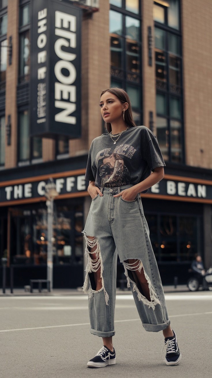 A woman wearing distressed high-waisted baggy jeans and a graphic tee, standing on a street.