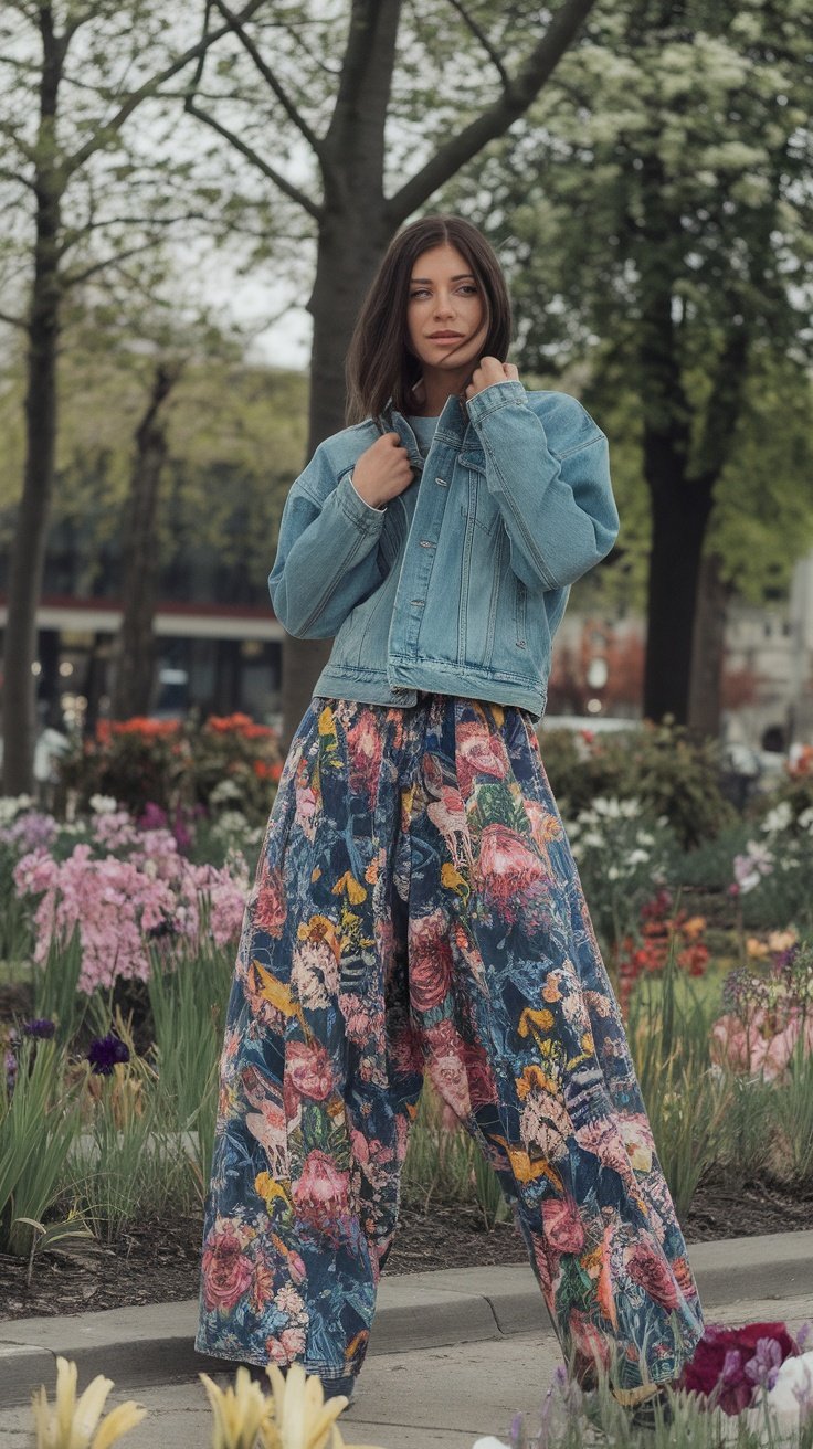 A woman wearing floral-printed baggy jeans and a denim jacket, standing in a garden filled with colorful flowers.