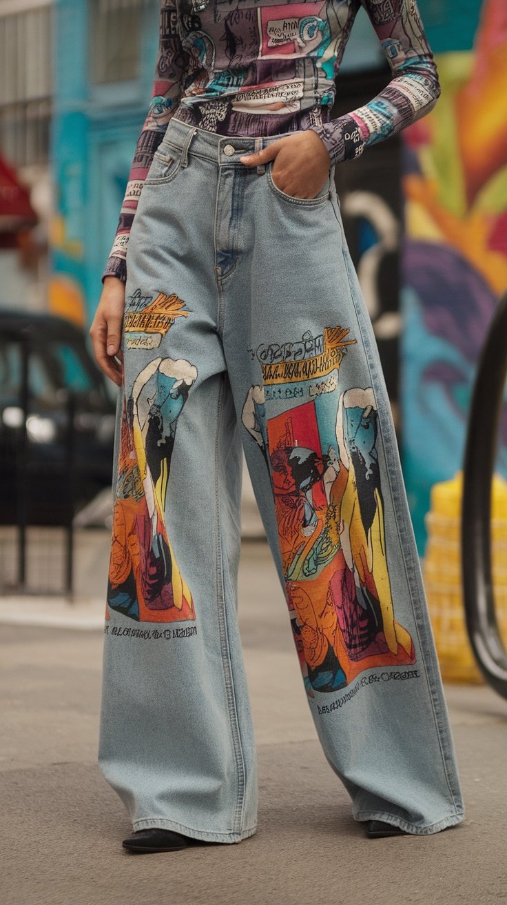 A woman wearing graphic printed baggy jeans with colorful designs.