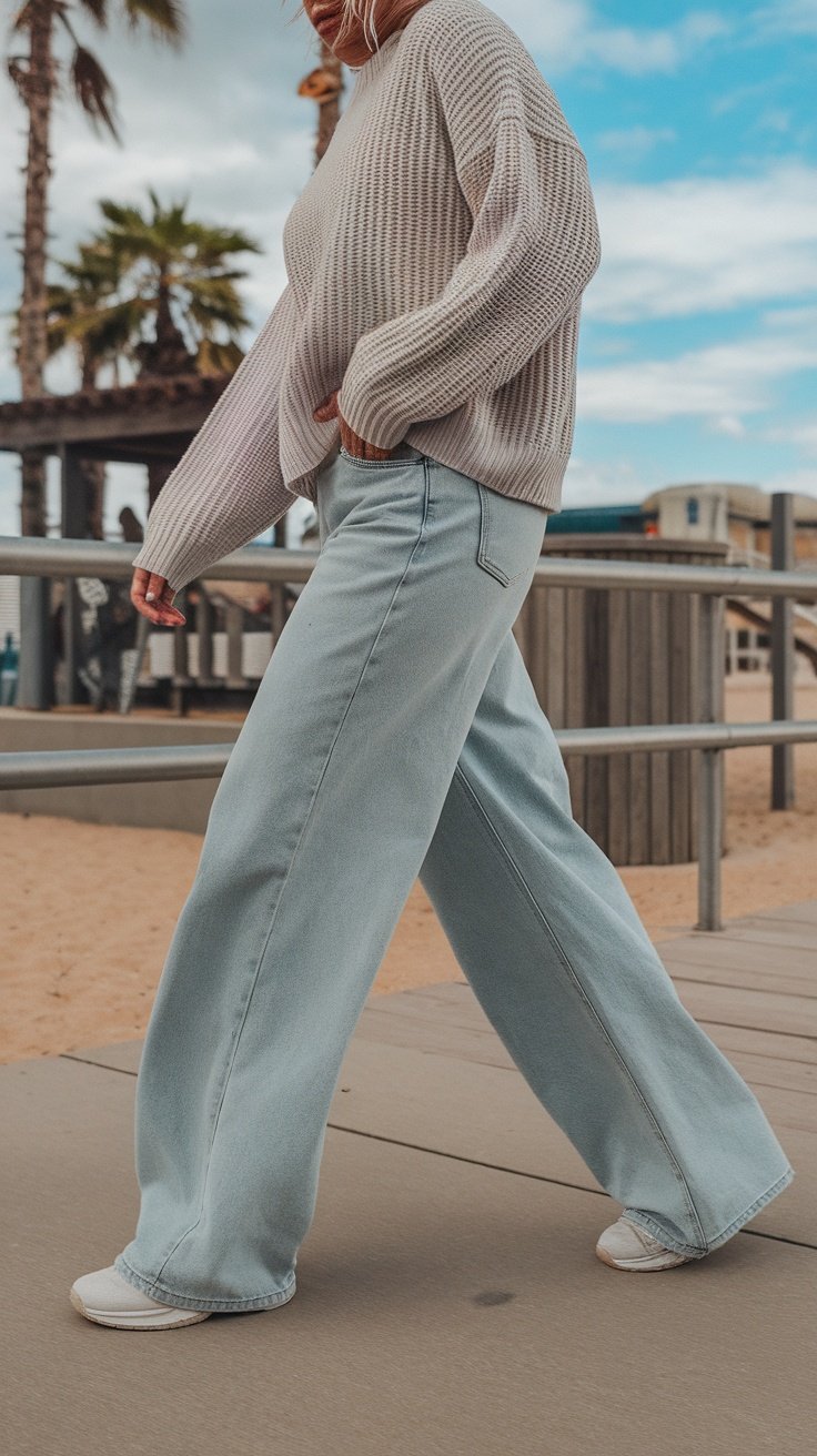 A woman walking in light wash baggy jeans and a beige sweater at the beach.