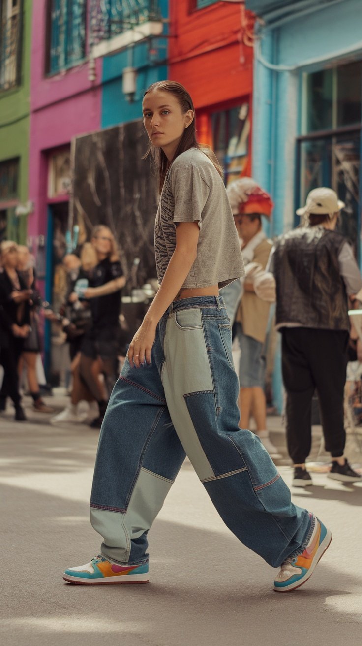 A person wearing patchwork baggy jeans and a graphic tee, walking in a colorful urban setting.