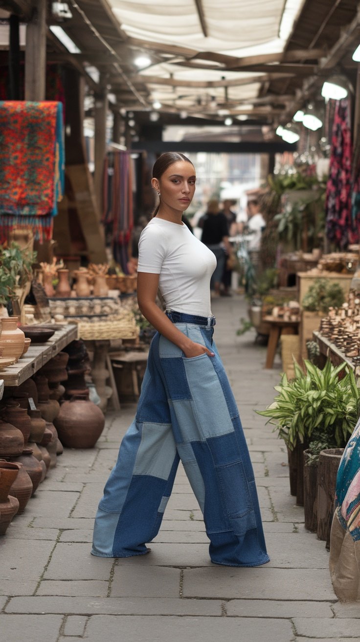 A model wearing patchwork denim baggy jeans and a white shirt in a vibrant market setting.