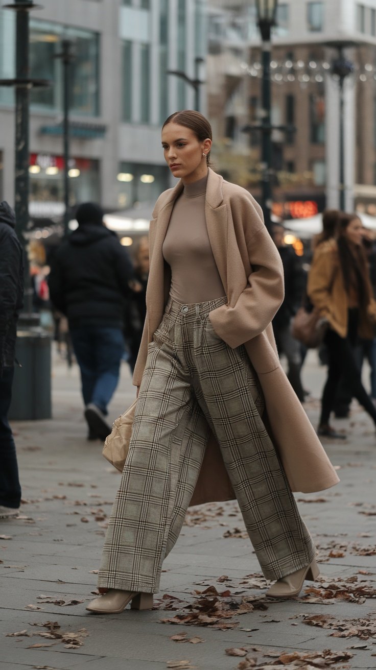 A woman wearing plaid baggy jeans and a beige coat, walking on a city street