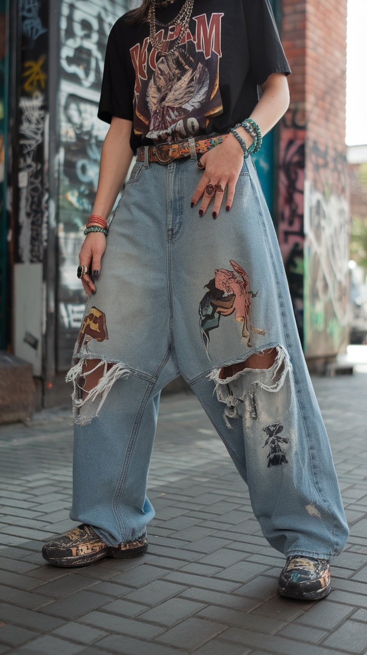 A person wearing printed baggy jeans and a graphic t-shirt, posing in a colorful urban environment.