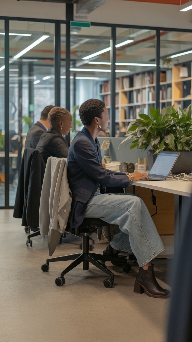 A woman in tailored baggy jeans working at a desk in an office setting.