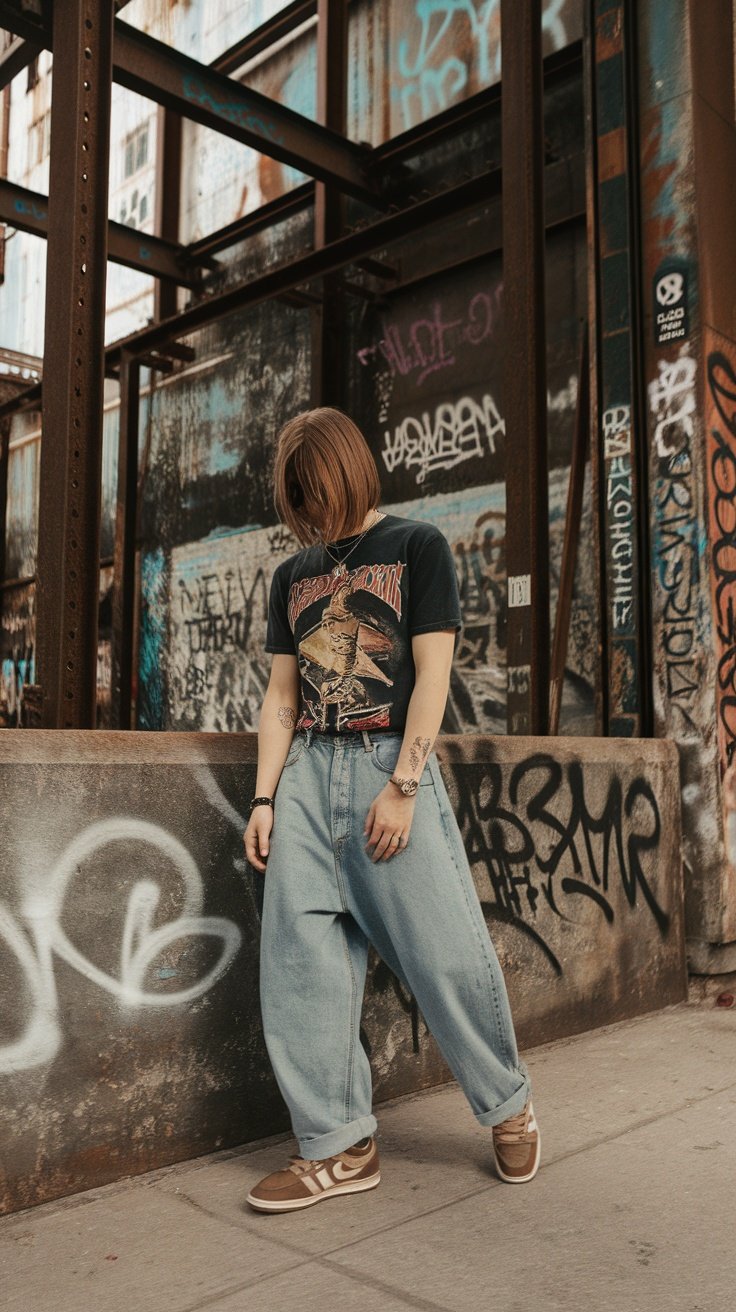 A person wearing vintage baggy jeans and a band t-shirt stands in front of a graffiti-covered wall.