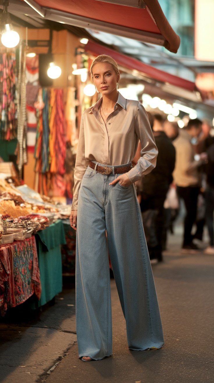 A stylish woman wearing wide-leg baggy jeans and a fitted shirt, standing in a vibrant market scene.